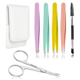 Precision Eyebrow Tweezers Set Pack of 6 for Women Ingrown Facial Hair Removal Pointed Tweezers Scissors Brush Kit for Splinter with Leather Case Gift