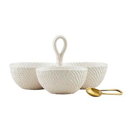 Mud Pie server 8" x 8" | spoon 3 1/2" Woven Ceramic Triple Tidbit, White