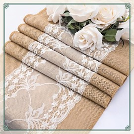Table Runner with Lace White Jute Burlap Table Runner Natural Hessian Runner for Tables Wedding Party Festival Dining Table Home Decor (30x275cm)