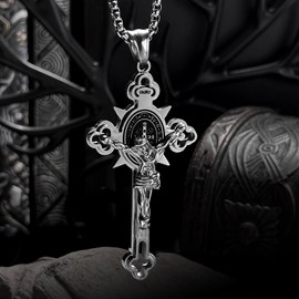 bahamut Jesus INRI Crucifix Saint St. Cross Pendant Necklace for Men Stainless Steel Religious Jewelry Rolo Chain (Silver INRI Cross)