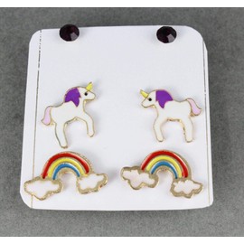 Unicorn rainbow 3 pair earrings crystal bead stud post set pack purple