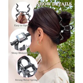 Ufgin 3 PCS Metal Hair Claw Clips Rhinestone Large Hair Clips Strong Hold Non-Slip Hair Barrette for Thick and Thin Hair（Chain）