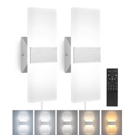 Plug in Wall Sconces with Remote, 3000K-6500K Stepless Color Temperature, 10%-100% Stepless Dimmable, 12W Plug in Wall Light, LED Acrylic Wall Sconces Set of Two, Plug in or Hardwired (2Pack, Silver)