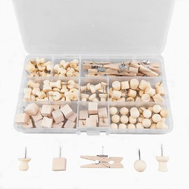 Pack of 135 Wooden Drawing Pins, 6 Styles Thumbtacks for Blackboard, Cork, Drawing Pins for Wood