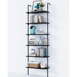 ODK 6-Tier Ladder Shelf, 87 Inches Wall Mounted Ladder Bookshelf with Metal Frame, Open Industrial Shelves for Home Office, Bedroom and Living Room, Black