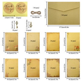 Modixun 96pcs Vintage Paper and Envelopes, Retro Kraft Writing Stationery Paper and Envelopes, Include Antique 32 Papers, 16 Envelopes, 16 Ropes, 16 Pendants, 16 Stickers