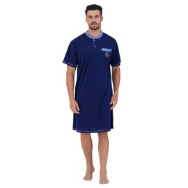 Keyocean Men Nightshirt, Soft Cotton Comfy Short Sleeves Henley Sleeping Shirt Nightgown, Navy, X-Large