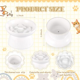 Layhit 2 Pack Raised Slow Feeder Cat Bowls Ceramic Elevated Cat Food Bowl Anti Vomiting Slow Feeder Bowl for Dog and Cat for Dry and Wet Food Kitten Home (White)