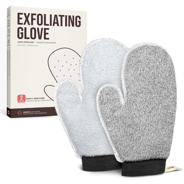 ZOMCHI 2 Pack Deep Exfoliating Glove with Dual Texture, Massage Body Scrub Gloves for Home Spa, Eco-Friendly Exfoliating Mitt for Dead Skin Removal (Deep + Gentle)