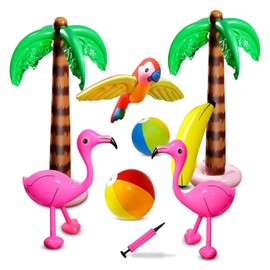 Newthinking Inflatable Palm Tree Flamingo Banana Beach Ball Parrot Beach Pool Toys for Tropical Hawaiian Luau Party Summer Pool Beach Party Decorations