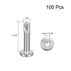 uxcell Hex Socket Self Tapping Screws, 1/4 x 1-1/4" 410 Stainless Steel Sheet Metal Flat Head Drilling Screw 100pcs, Silver