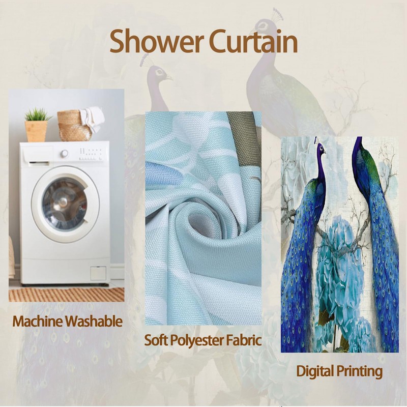 Yadshoti Peacock Shower Curtains Blue Beautiful Bird Flower Plant Watercolor