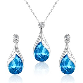 EleQueen Austrian Crystal Leaf Teardrop Necklace Dangle Earrings Jewelry Sets for Women Her Valentine's/Mother Day Christmas Light Blue Clear-Tone