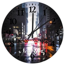 Silent Wall Clock Analog Round Non-Ticking Skyline New York City Landscape Decorative Wall Clocks NYC City View Painting Cityscape Wooden Wall Decor for Family Room Garage Children's Room 10 Inch