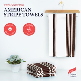 Ashton Sheets American Stripe Kitchen Towels 100% Cotton Pack of 6, Highly Absorbent Quick Drying, Soft Dish Towels 20x30 Inch for Kitchen with Hanging Loop, Hand & Tea Towel - Brown & White Striped
