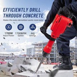 YardYonder 1700W Electric Jack Hammer Drill Heavy Duty Demolition Hammer for Concrete, Brick & Masonry Power Tool Kit with 3 Chisels Bits, Carrying Case & Safety Gloves