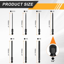 sourcing map 7pcs Flat Hex Head Drill Bit H1.5/H2/H2.5/H3/H4/H5/H6 Magnetic Tip 1/4" Hex Shank 100mm (4") Long S2 Steel Metric Hexagonal Screw Driver Screwdriver Bits Wrench Socket, Black
