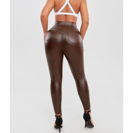 FITTOO Womens Faux Leather Pants with Pockets Fleece Lined Pleather Leggings High Waisted Stretch Tights Brown L