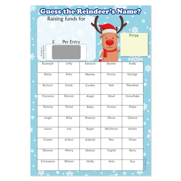 PartiKraft - 2 x A4 Christmas Fundraising - Guess The Reindeer's Name - Scratch To Reveal Game Card - 50 Boxes
