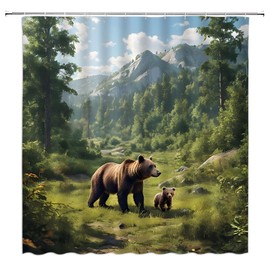 DSMEUE Forest Animal Shower Curtain Cabin Bear Green Jungle Tree Mountain Animal Rustic Scenery Nature Bathroom Decor Curtain with Hooks,70" Wx70 H
