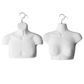 DisplayTown Male & Female Mannequin Chest Long Torso with Metal Stand Hollow Back Body Stackable Dress Form for Tshirt Display, Countertop, Craft Shows, Photos, S-M Clothing Size (White, Set of 1)