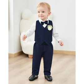SANMIO Baby Boy Clothes Suits Infant Gentleman Outfit Collared Dress Shirt+Vest+Tie+Corsage+Pants 5Pcs Baby Suit Sets
