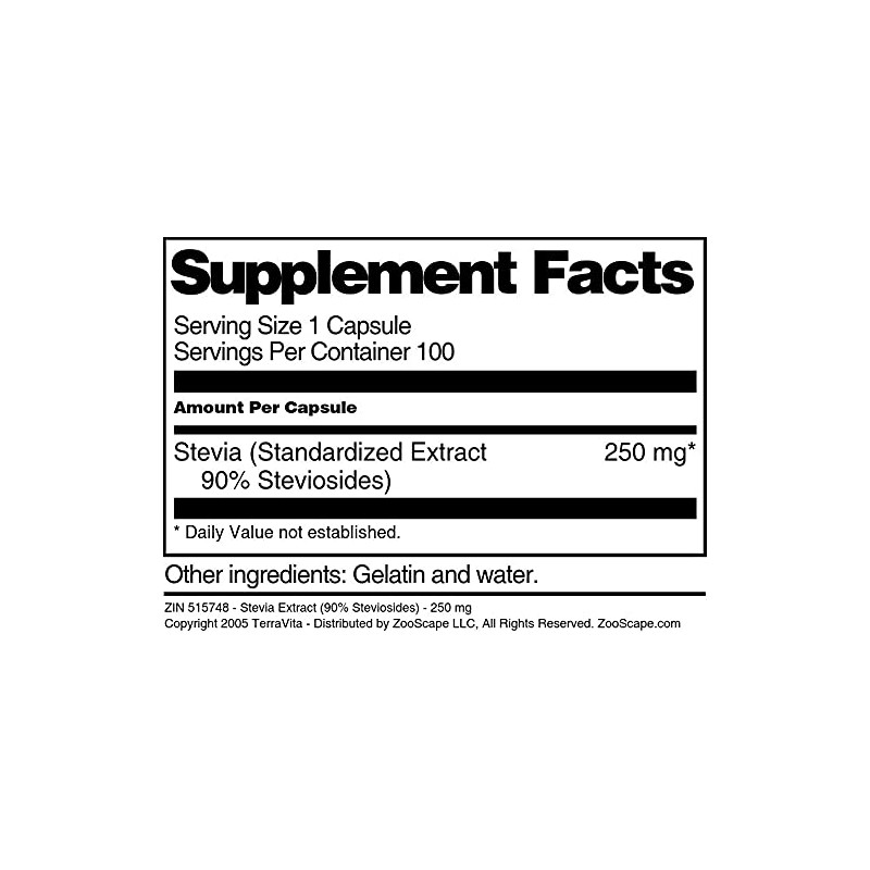Stevia Extract (90% Steviosides) - 250 mg (100 Capsules, ZIN: