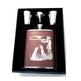 Farm Cottage Brands 6oz Brown Leather Hip flask set with funnel and 2 stainless steel tumblers in a lovely presentation box featuring Were you shooting at me ? pheasant game shooting (AC15)