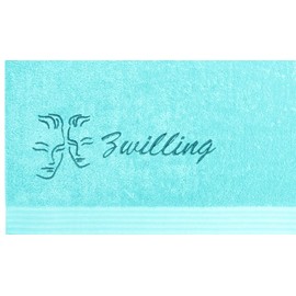 Lashuma Linz Bath Towel with Animal Sign Gemini Embroidery Size 70 x 140 cm Turquoise Blue