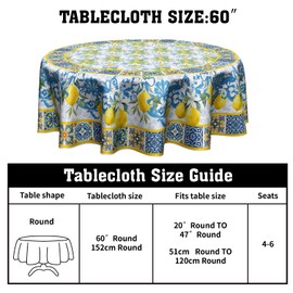 Giwawa Lemon Floral Tablecloth Round 60 Inch Tile Flower Table Cover Washable Wipeable Tabletop Decorative for Kitchen Dining Room Picnic Party