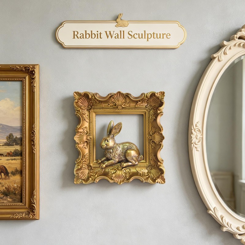 Rabbit Wall Decor with Gold Frame, Baroque Resin Bunny Wall
