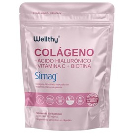 Wellthy Colageno con Magnesio y Acido Hialuronico 120 Capsulas. 100% Natural, Peptidos de Colageno hidrolizado Genu-In, Magnesio Marino Francés SIMAG,