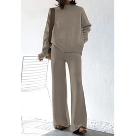 TOLENY Two Piece Sets for Women Knit Pullover Sweater Wide Leg Pants Lounge Sets Outfits Khaki S