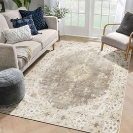 MUJOO Area Rugs 5'x7'Beige,Boho Rug for Bedroom Living Room Dining Room, Large Machine Washable Non Slip Carpet Vintage Bohemian Distressed Farmhouse,Floral