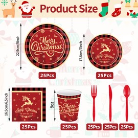 175 Pcs Merry Christmas Party Supplies Set - Serves 25, Festive Red and Black Plaid Disposable Tableware, Includes Paper Plates, Cups, Napkins, Forks, Spoons, Knives for Xmas Holiday Celebrations