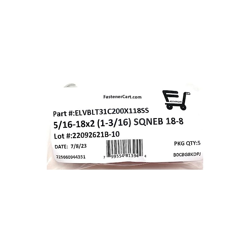 (5) 5/16-18x2 Stainless Steel Elevator Bolt Square Neck (1-3/16 Diameter