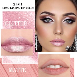 evpct Shimmer Liquid Lipstick Lip Liner Set Combo for Lasting Makeup, Baby Pink Metallic Lips Makeup Sets Dual-ended, Non Sticky Liquid Lipstick with Lipliner High Pigmented Waterproof for Women 02
