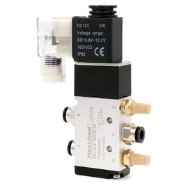 Heschen Electric Pneumatic Solenoid Valve, 4V210-08, 12VDC, PT1/4 5-Way 2 Position, Single Coil, Pilot Operated Electric with Fittings and Mufflers