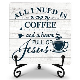 Coffee Bar Desk Decor, All I Need Is A Cup Of Coffee Wooden Plaque Sign With Iron Stand, Christian Decorations For Home Office, Rustic Wood Signs for Kitchen Cafe Bar -34