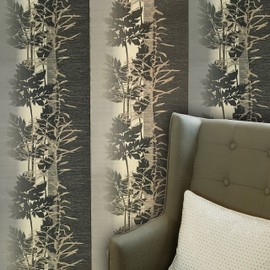 Slavyanski Modern Floral Forest Trees Tree Pattern Vinyl Wallpaper Beige Gray Gold Metallic Green hue Textured Striped Stripes 3D