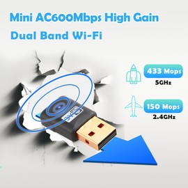 AC600 USB WLAN Stick for PC, Nano WLAN Adapter PC 433Mbps 5GHz 150Mbps 2.4GHz Dual Band, Mini WLAN Antenna PC WPA2 Encryption Standard, WLAN USB Stick for PC Compatible with Windows 11/10/8/7