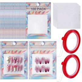 GUXACU 100 PCS Press on Nail Packaging Bag for False Nail Tips Holographic Press On Nail Storage Bag 100 PCS White Card with 2 Roll Transparent Tape for Nail Display Fake Nail Storage Organizer Nail Supplies