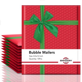 Switory Christmas Padded Envelopes, A4 Bubble Mailers 8.5x12 Inch Jiffy Bags Mailing Envelopes Bubble Opaque Padded Mailers Shipping Bags Red with Green Bow Design for Mailing Jewelry Makeup, 10pcs