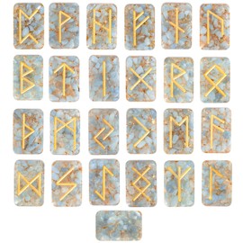 Rockcloud Resin Aquamarine Crystal Rune Stone Set, Engraved Lettering Elder Futhark Alphabet for Reiki Healing Meditation Divination, Blue
