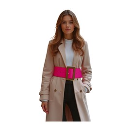 Women Fashion Faux Leather Wide Belt Gold Metal Square Buckle Adjustable Fit S M Neon Pink