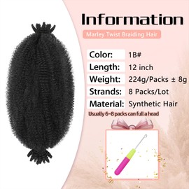 8 Packs Springy Afro Twist Hair 12 Inch Pre Fluffed Spring Twist Hair Afro Twist Hair For Soft Locs Marley Twist Braiding Hair For Women(1B#）