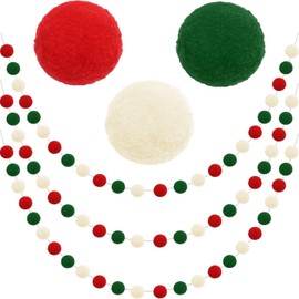 3 PACK Christmas Pom Pom Garland Christmas Decorations for Tree Indoor Home Room Decor Cute Hanging Felt Ball Red White Green Pom pom Bead Ornament String Banner Garland Xmas Birthday Party Supplies