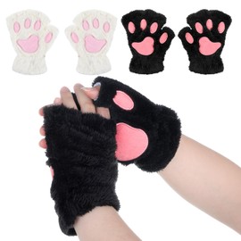 Cat Paw Gloves 2 Pair Fingerless Furry Cats Paw Cat Paws Gloves Cosplay Faux Fur Plush Cats Glove Bear Furry Paws Womens Winter Fingerless Glove One Size for Girls Women - White & Black