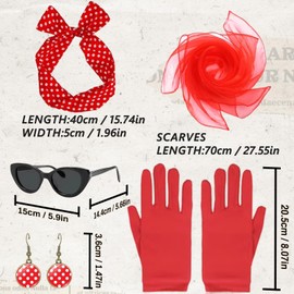 Makoto Nobu 5 PCS 50s Fancy Dress Kit,1950s Costume Accessories, Cat Eye Glasses,Polka Dot Bandana Tie Headband Earrings, Gloves,Fancy Dress for Women Ladies 1950s Retro Party Decor