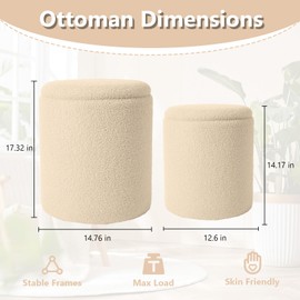 Boucle Round Ottoman with Storage Set of 2,Small Foot Stool Ottoman for Living Room, Small Coffee Table,Vanity Stool with Storage for Bedroom, White